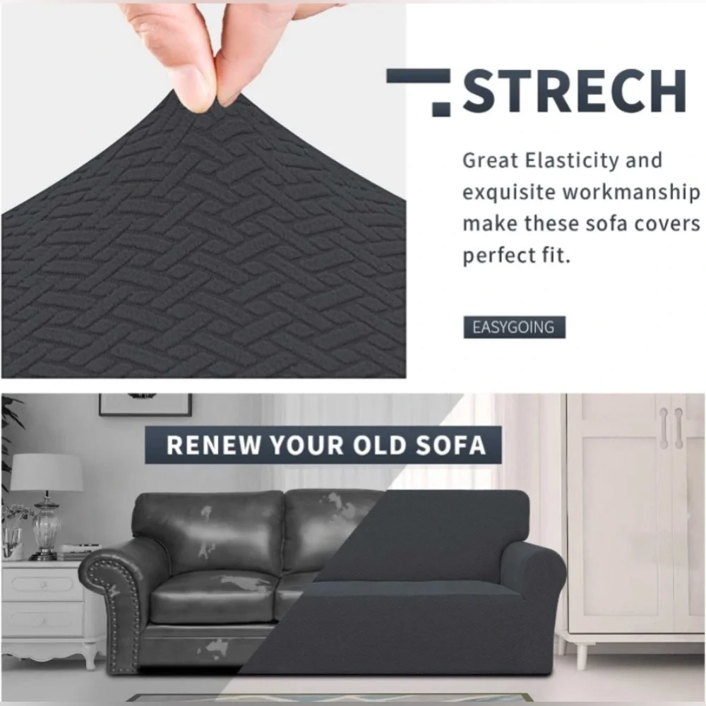Oversized Sofa Stretch Jacquard Couch Cover Slipcover w Anti-Slip Foam Dark Gray